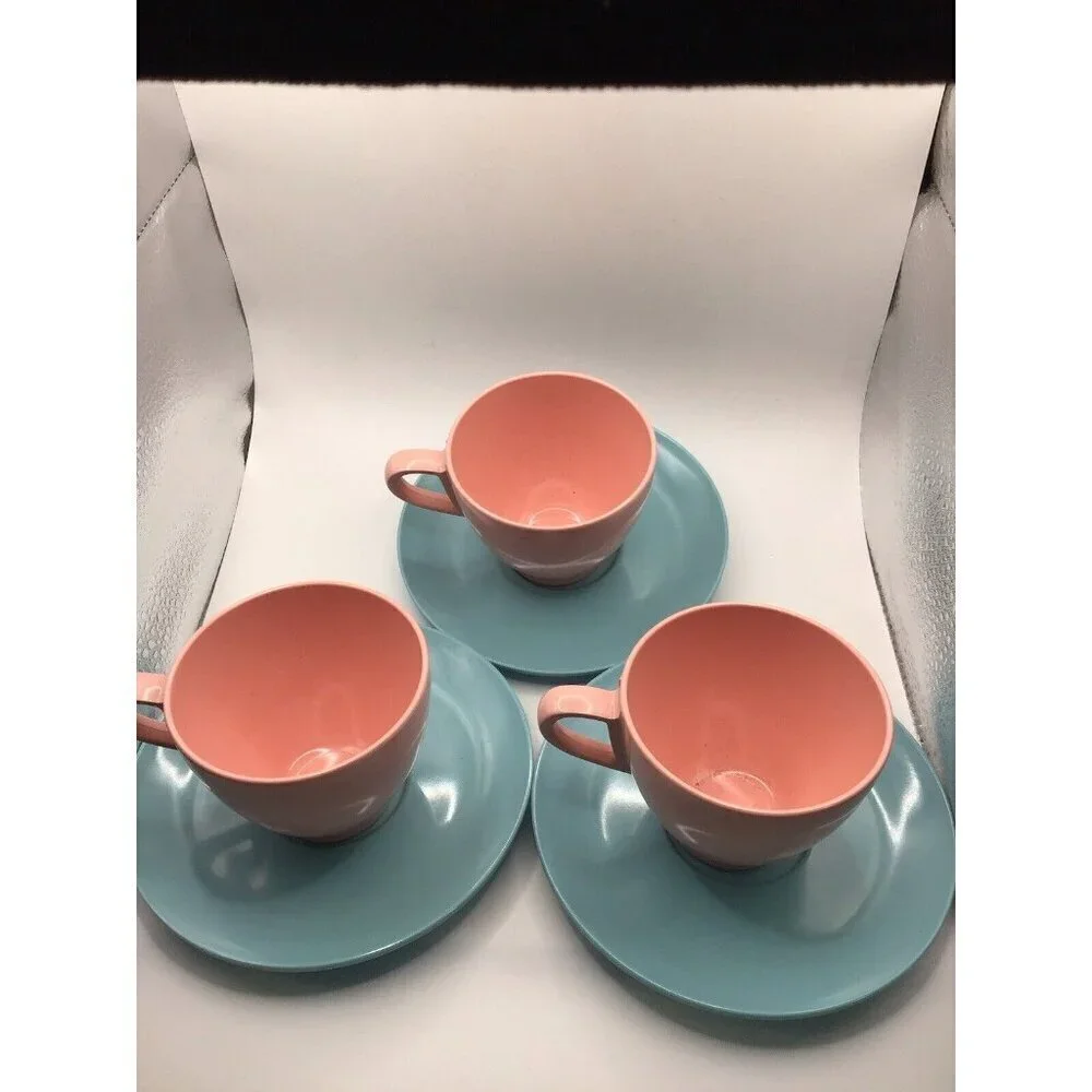 Vintage Set of 3 Pink and Robin Egg Blue Vintage Melmac Tea Cups and Saucer